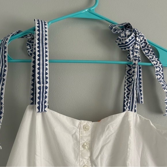 Oliphant Midi Tiered Button Dress with Bow Sleeves Blue and White Pattern - Picture 7 of 8